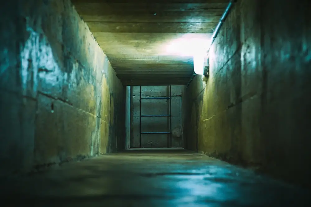 Tunnel souterrain étroit en béton avec un plafond bas menant à une échelle dans un passage sombre et exigu.
