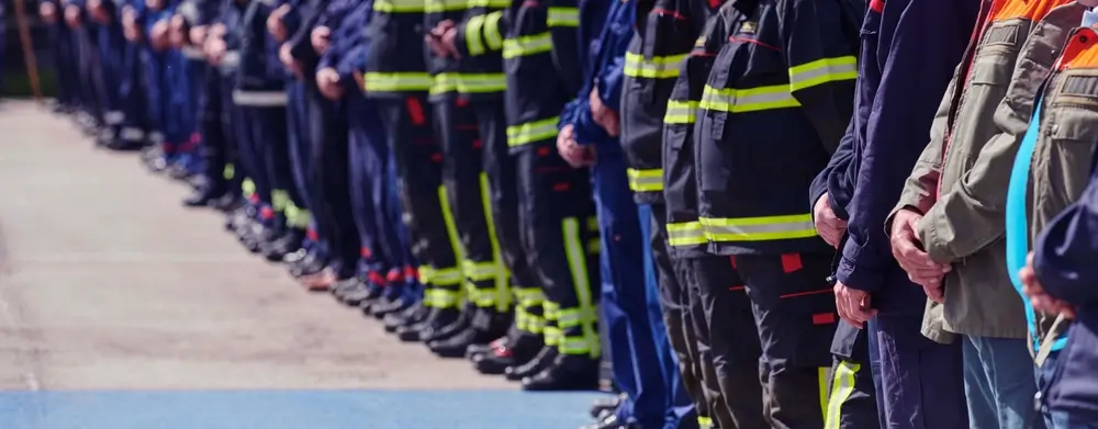 Équipe d'agents de secours en uniforme alignés lors d'un rassemblement de la protection civile.