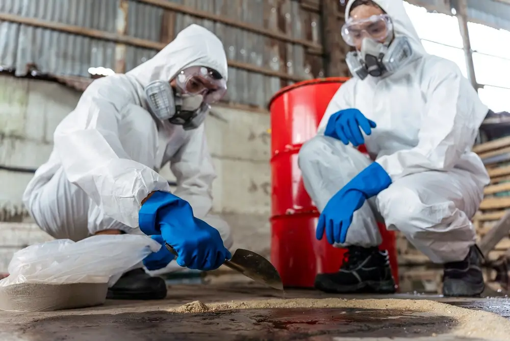 Équipe en combinaison hazmat et masques de protection intervenant sur une substance au sol lors d'un risque chimique.