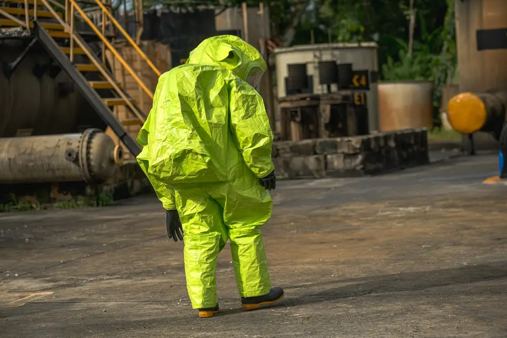 Agent de la Protection civile en tenue de protection chimique jaune lors d'une intervention sur un site industriel.