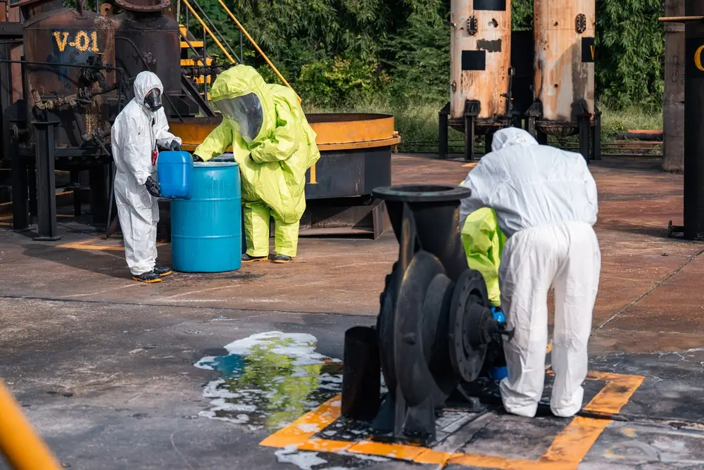 Agents en tenue de protection chimique manipulant des fûts et du matériel de pompage lors d'un exercice de secours.